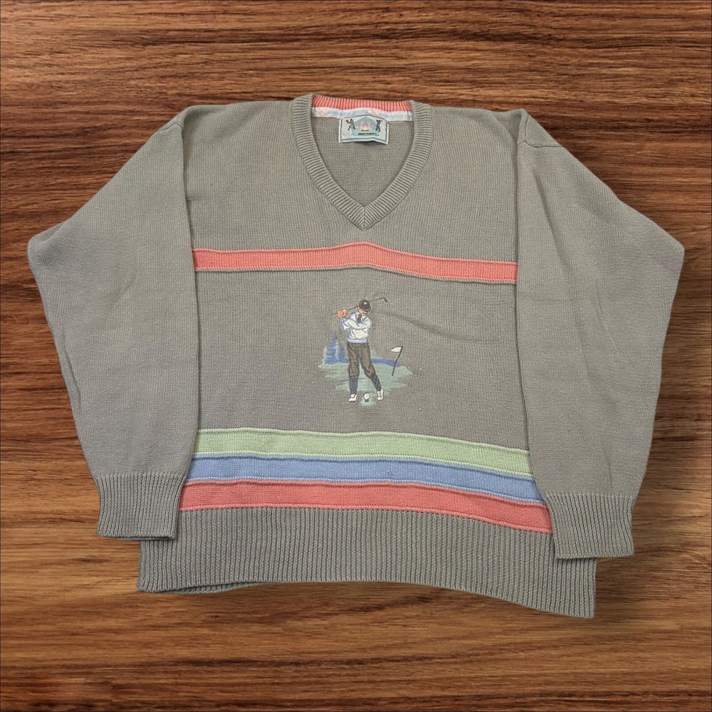 Vintage Mighty‎ Mac Golf Sweater Mens V-Neck Knit Pullover Gray Striped